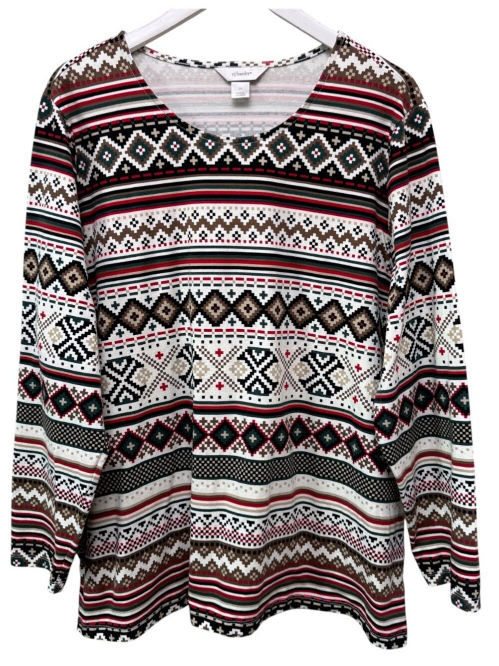 CJ BANKS Top Plus Size 2X Womens Tee Long Sleeve Aztec Southwest Holiday Cotton